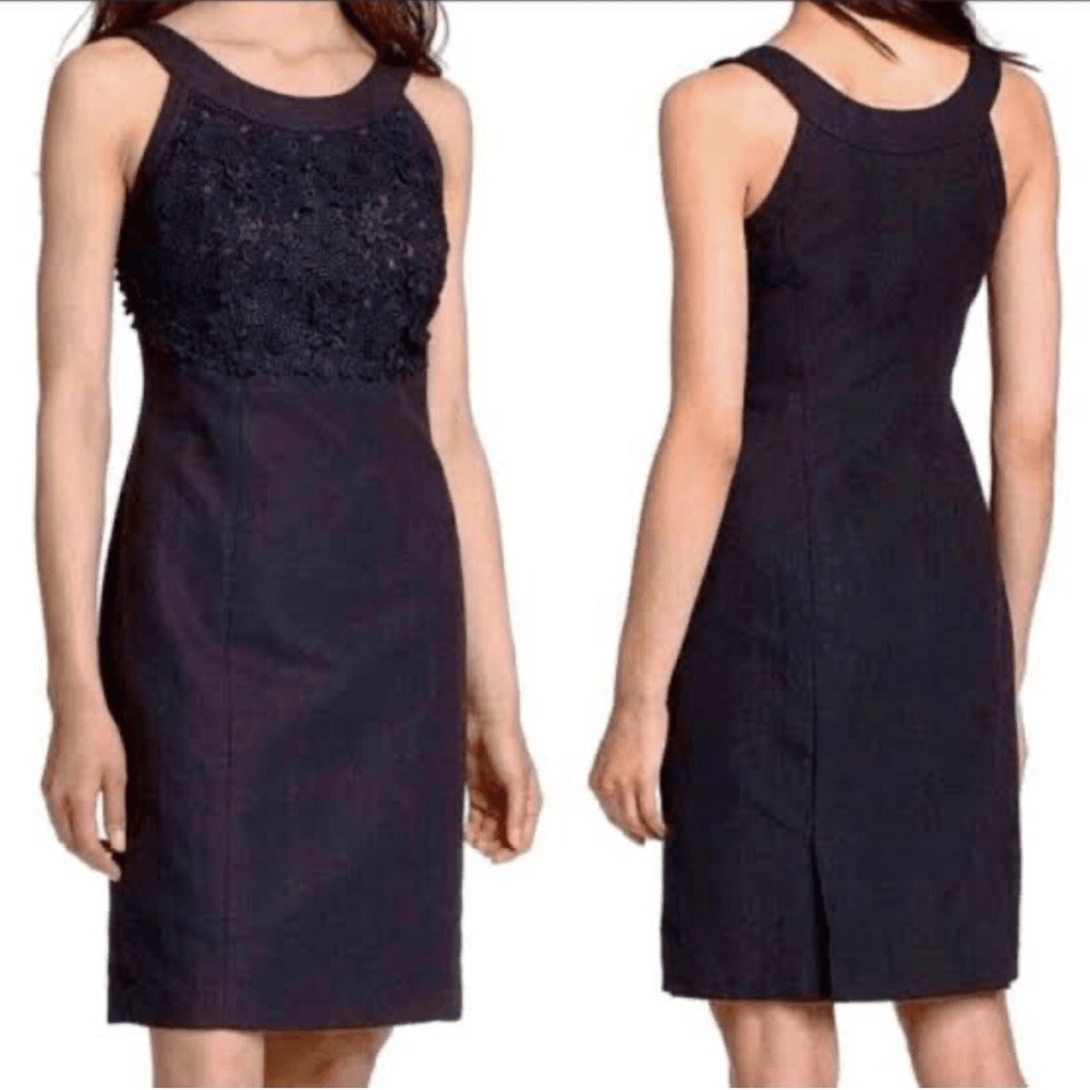Anthropologie Postmark Oleander Blk Cotton Linen Floral Lace Sheath Dress Size 6