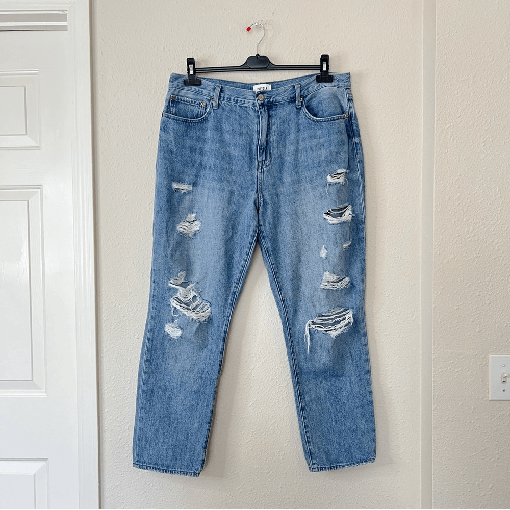 Pistola Presley Light Wash High Rise Distressed Jeans Relaxed Roller Size 33