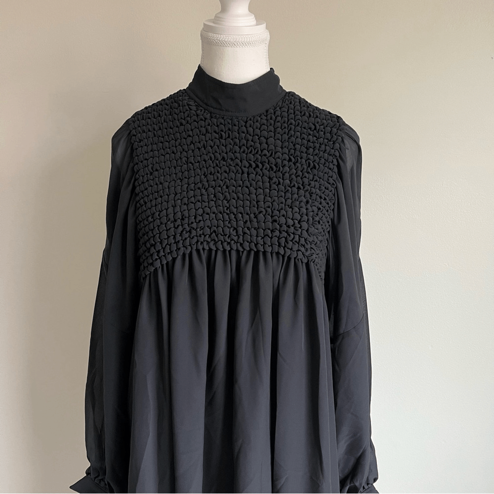 GANNI Smocked Bib Long Sleeve Chiffon Mini Dress NEW EU 42 (US 10/12)