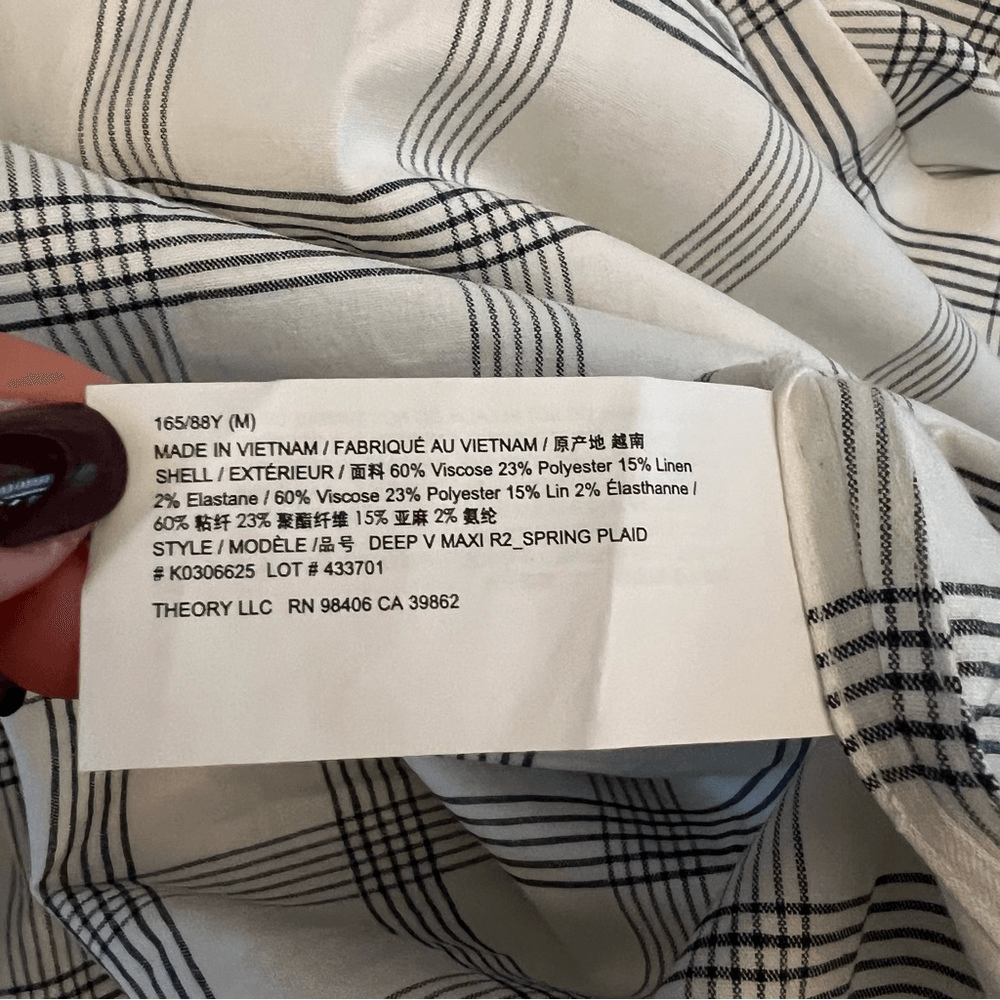 Theory Deep V Linen Blend Spring Plaid Midi Dress Size Medium in Ivory