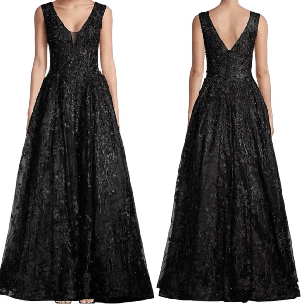 Mac Duggal Floral Embroidered Illusion V-Neck Gown Black Maxi Dress NEW Size 2