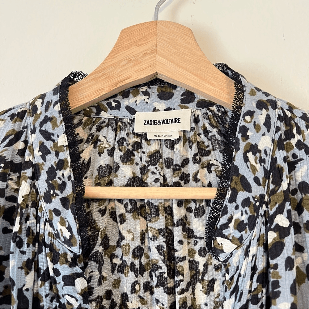 Zadig & Voltaire Tink Leo Crinkle Lace Collar Blouse Size Medium Long Sleeve