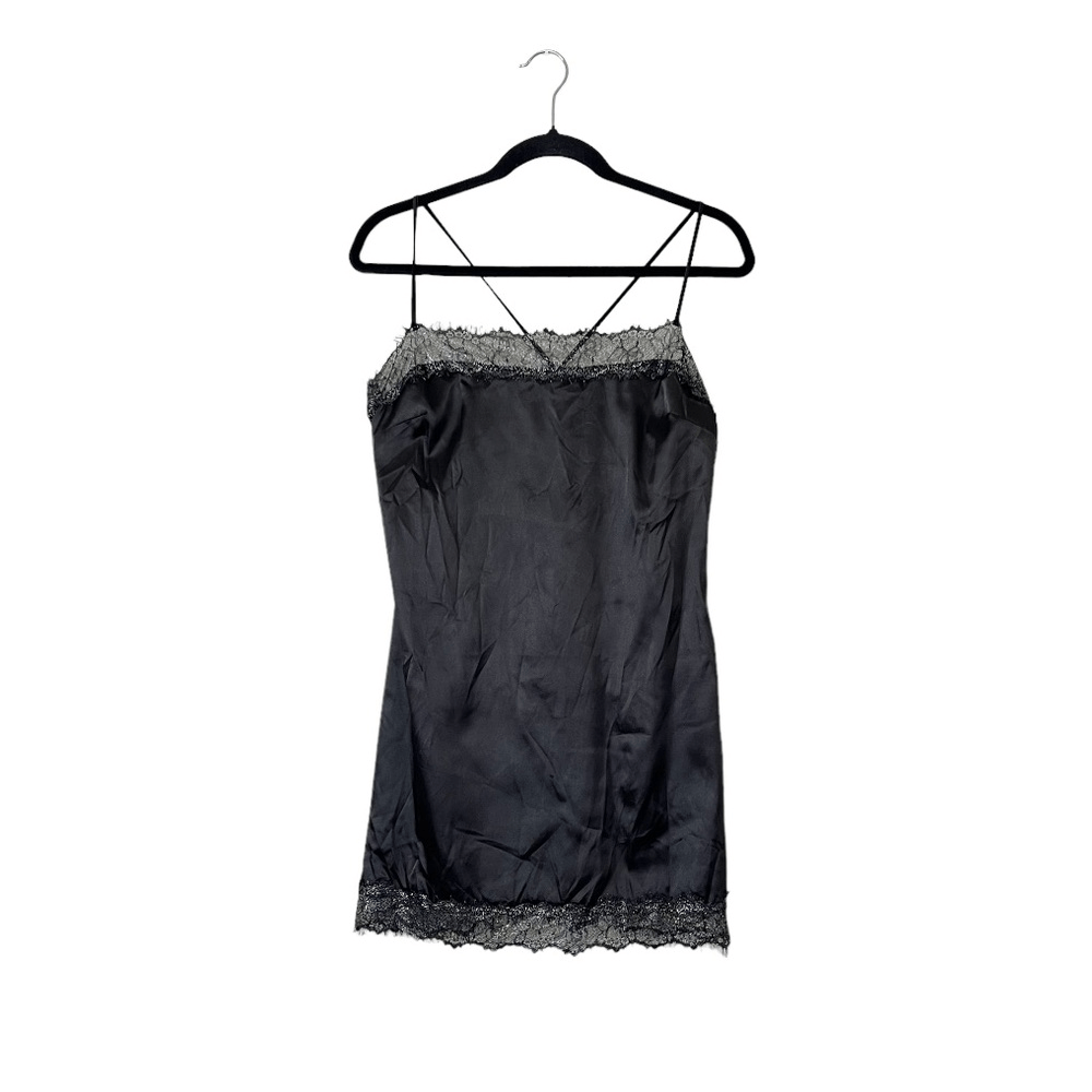 Meshki Satin Lace Trim Black Slip Mini Dress NEW Size Large