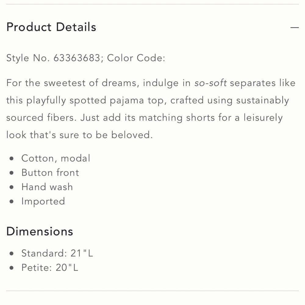 Anthropologie Spotted Pajama Top NEW Size Medium Petites