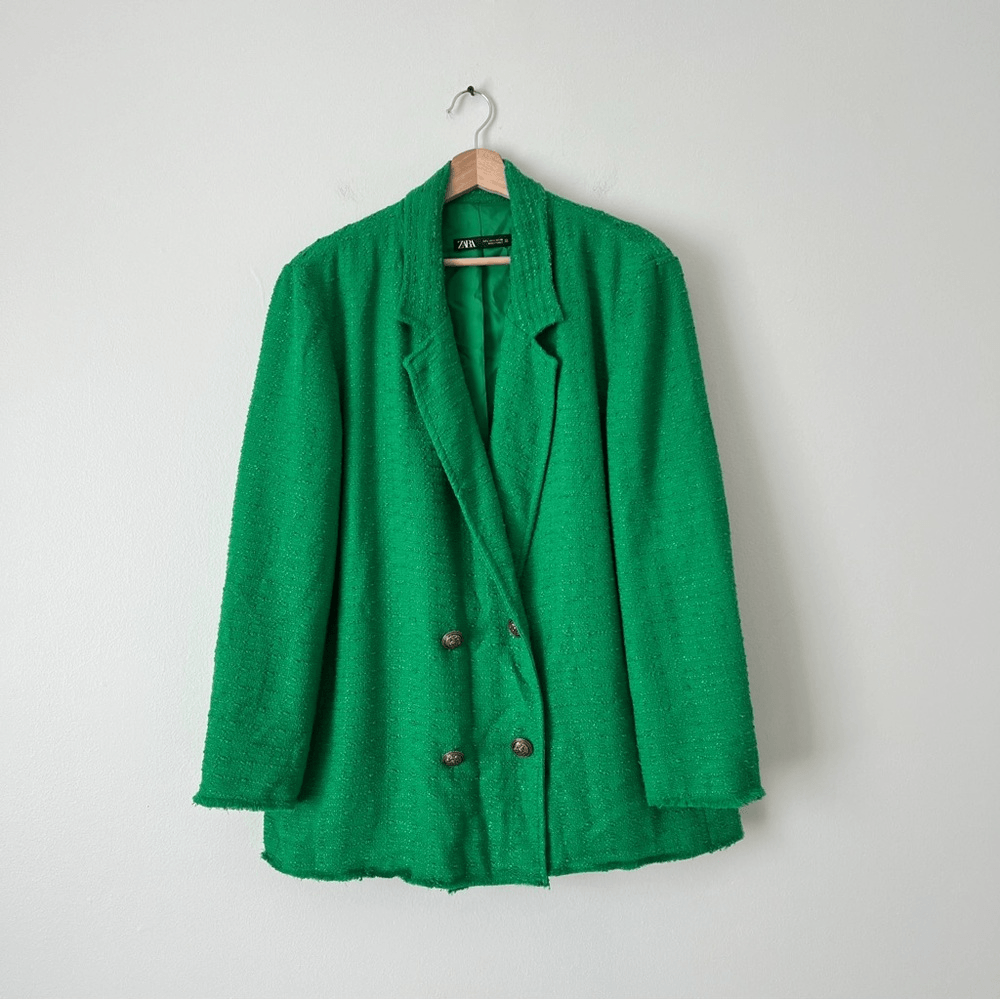 Zara Tweed Oversized Blazer Textured Double Breasted Size Large in Green Blogger