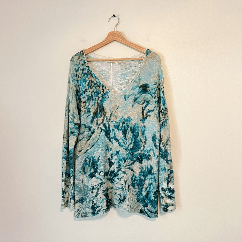 Soft Surroundings V-Neck Sweater Blue Floral Pullover Knit Size Large