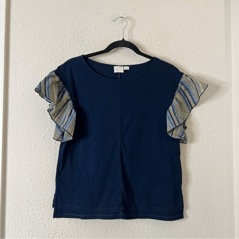Anthropologie Postmark Seafarer Ruffle Sleeve Navy Blue Top Size Small