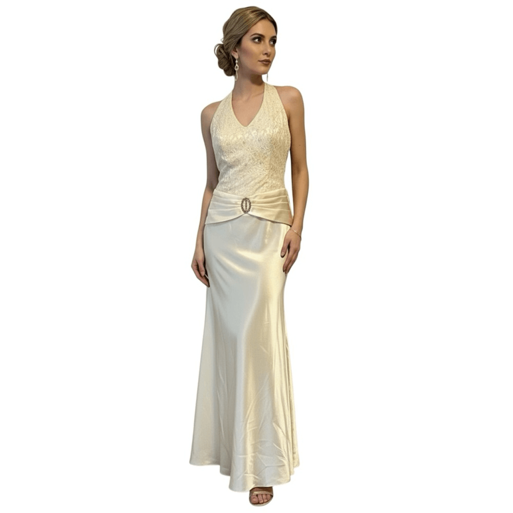 Vintage Butter Yellow Y2K Lace Satin Halter Maxi Dress Size 10