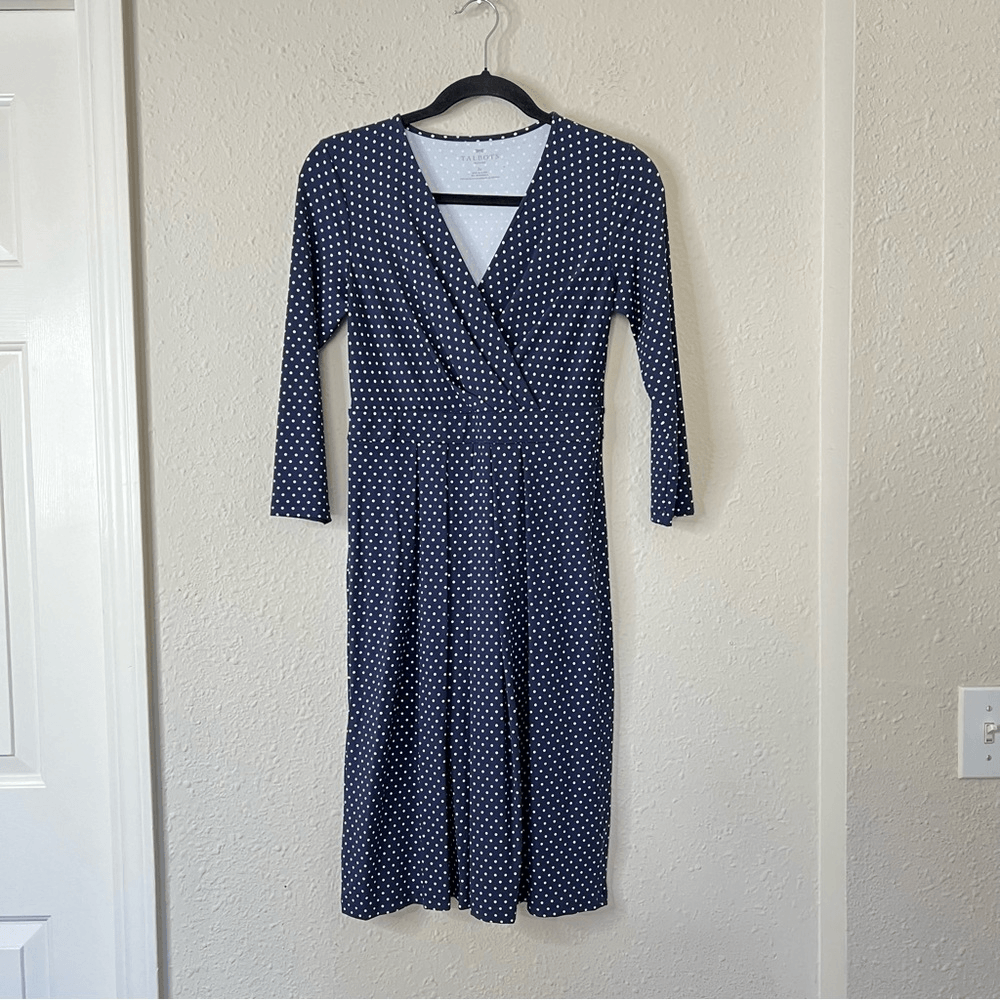 Talbots Polka Dot Faux Wrap Stretch Dress Size 2 Petites Navy Blue