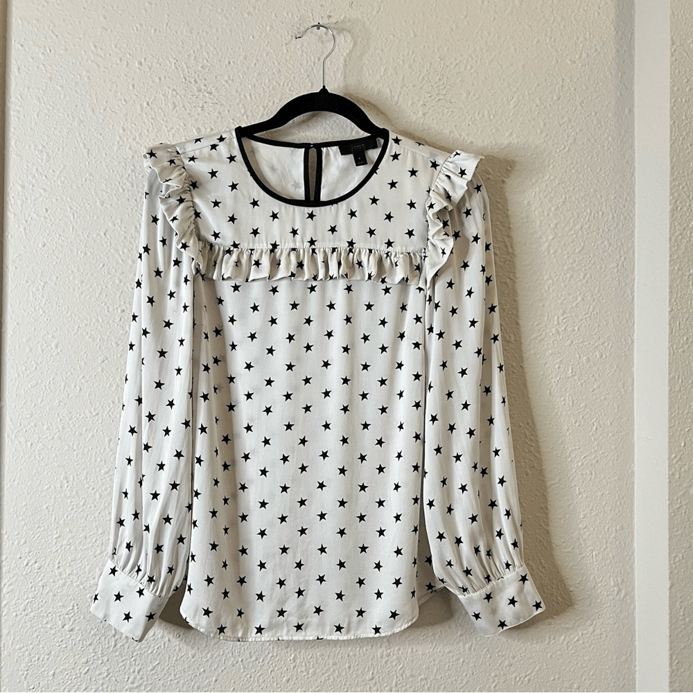 J. Crew Long Sleeve Silk Blouse Top Size 6 Off White Star Printed Ruffle