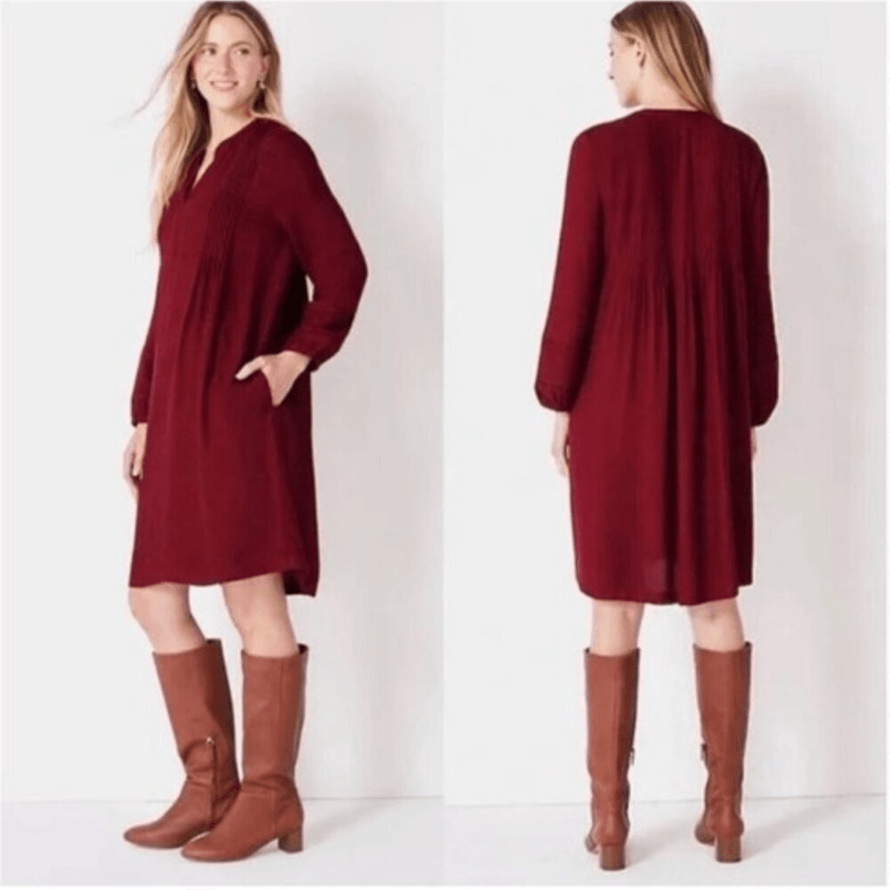 J. Jill Burgundy Brushed Twill Pintucked Mini Dress NEW Small Long Sleeve