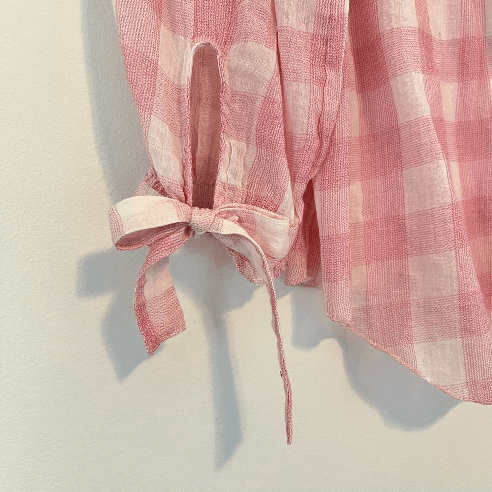 Sundance Risette Pink White Gingham Button Down Tie Sleeve Top Size XS
