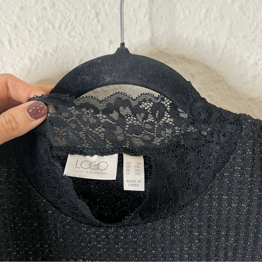 LOGO Lori Goldstein Black Metallic Waffle Knit Lace Top Pockets Stretchy Size 2X