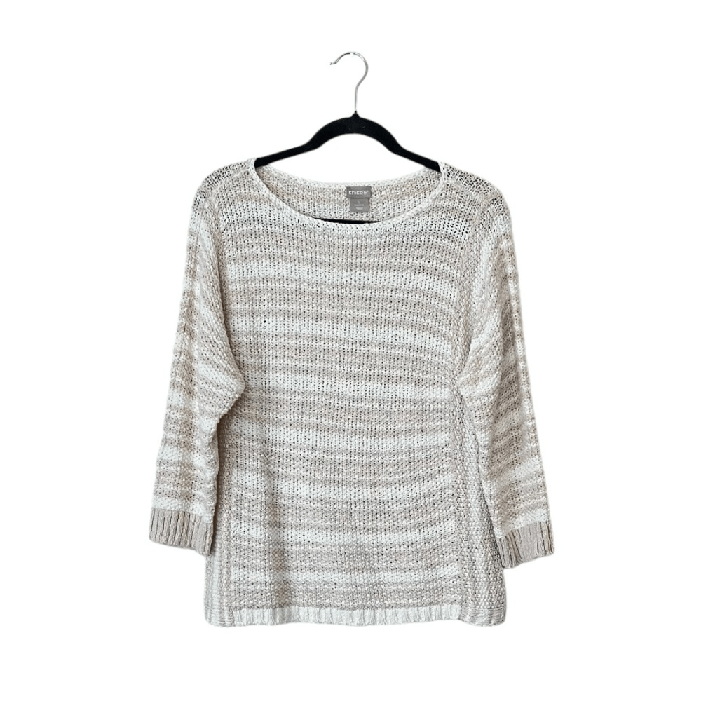 Chico's Striped Linen Blend Textured Chunky Knit Sweater Size Medium 3/4 Sleeve