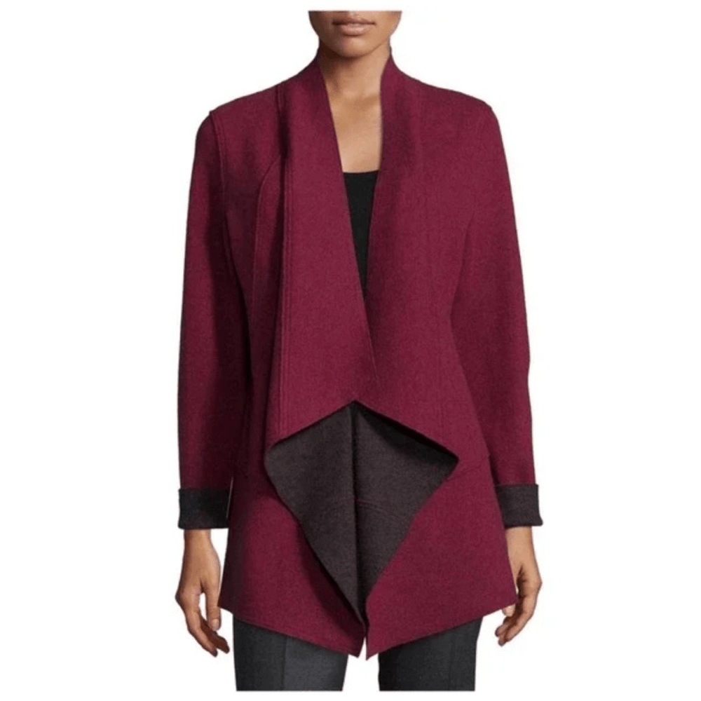 Eileen Fisher Burgundy Structured Moto Long Jacket Cardigan Medium Merino Wool