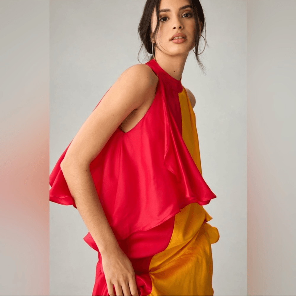 Anthropologie Pinnacle by Shruti Sancheti Mock-Neck Colorblock Ruffle Dress NEW