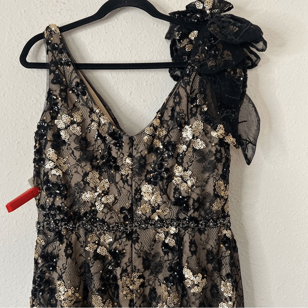 Mac Duggal Floral Embellished V-Neck Midi Dress With Shoulder Bow NEW Size 12