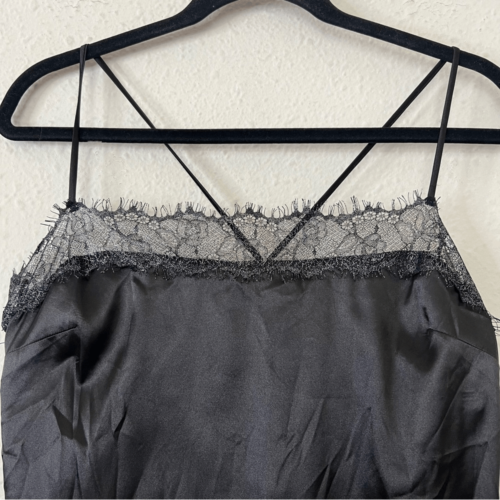 Meshki Satin Lace Trim Black Slip Mini Dress NEW Size Large