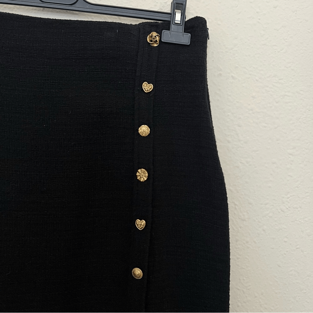 ZARA Textured Tweed Midi Skirt with Slit Gold Buttons NEW Size XL