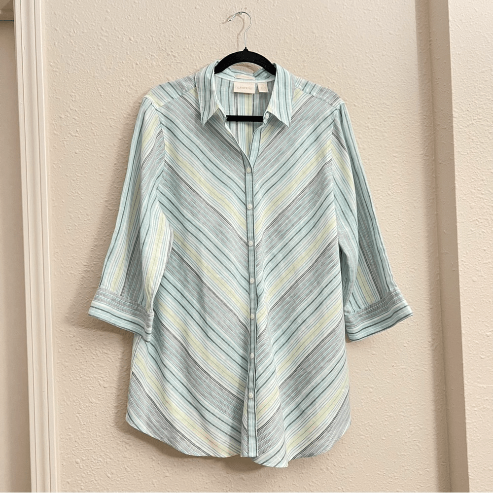 Chicos No Iron Striped 100% Linen Button Front Top Shirt Teal Blue White Size XL