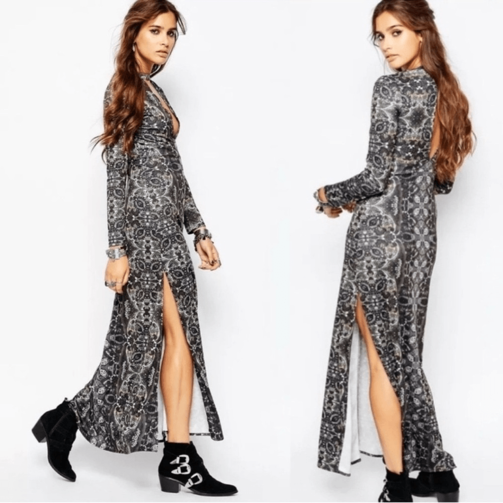 Free People Cabaret Paisley Floral Whimsical Cutout Maxi Long Sleeve Dress M