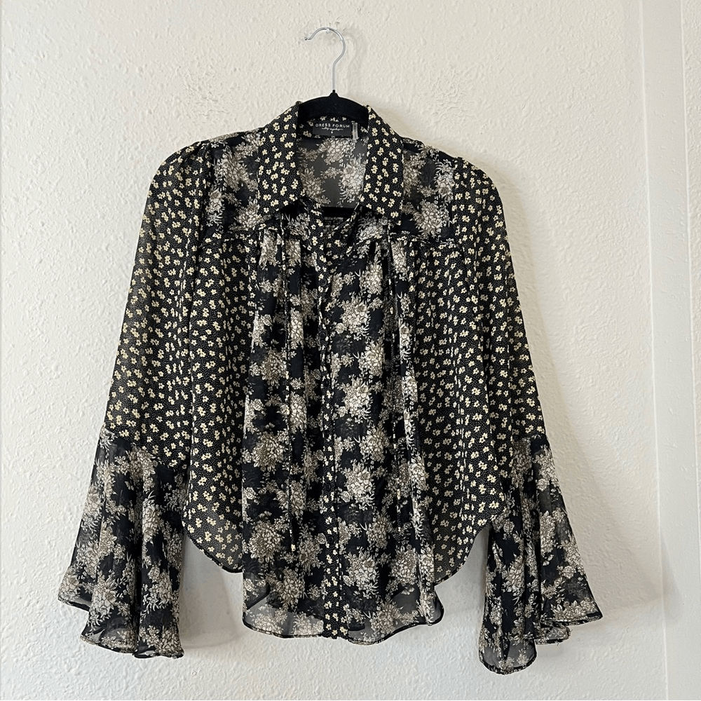 Dress Forum Floral Bell Sleeve Sheer Blouse Top Size Small