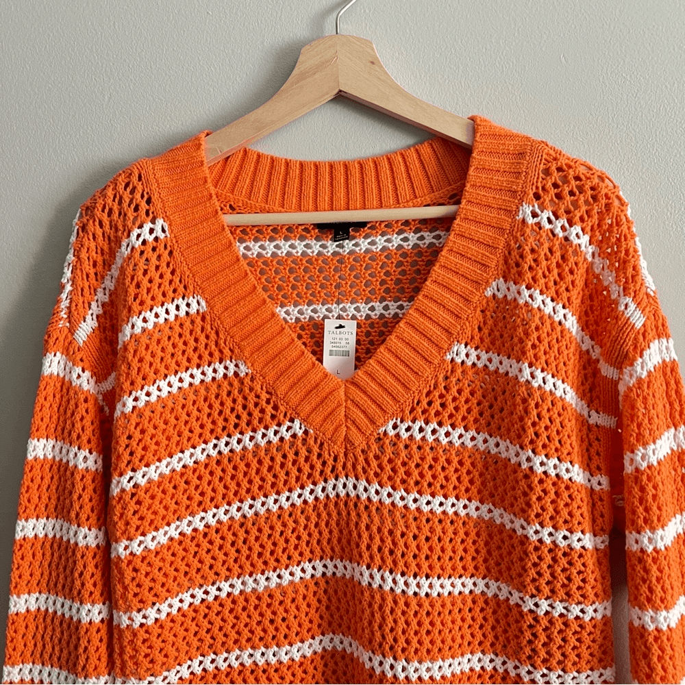 Talbots Open Weave Long Sleeve Sweater Cotton NEW Size Large Striped Resortwear