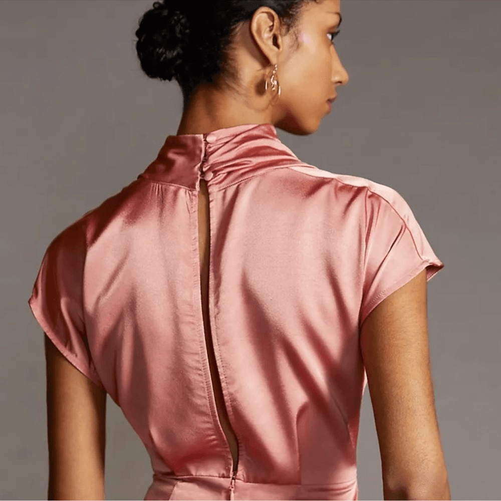 Anthropologie Ruched Asymmetrical Satin Mini Dress NEW Size 2 in Coral Pink