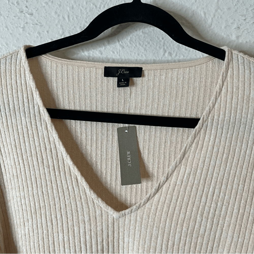 J. Crew Puff Sleeve V-Neck Soft Ribbed Long Sleeve Top NEW Size Large