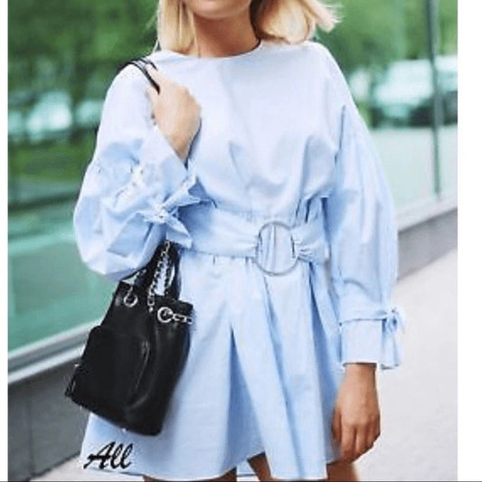 Zara Sky Blue Poplin Dress with Buckle Belt NEW Size Small Blogger Favorite