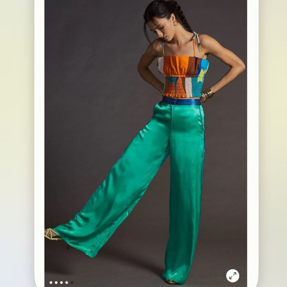 Anthropologie Corey Lynn Calter Sam Wide Leg Satin Pants NEW Size XS Green