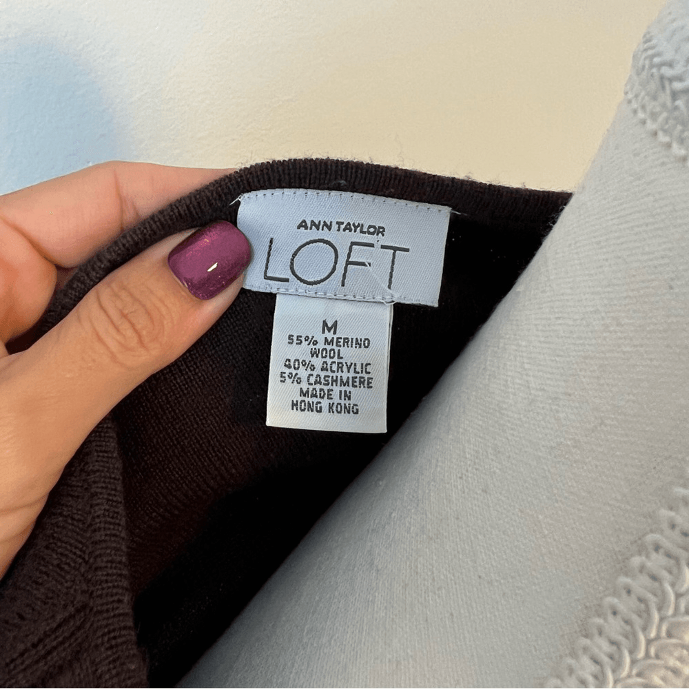 Ann Taylor LOFT Merino Wool Cashmere Blend Dark Chocolate Brown Knit Top Medium