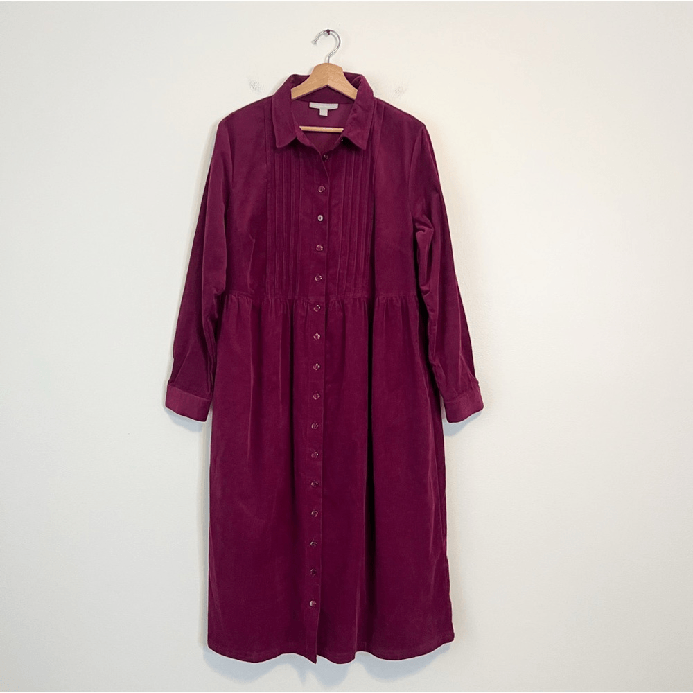 Woman Within Button Front Corduroy Midi Dress Size 16W Petite Purple Long Sleeve