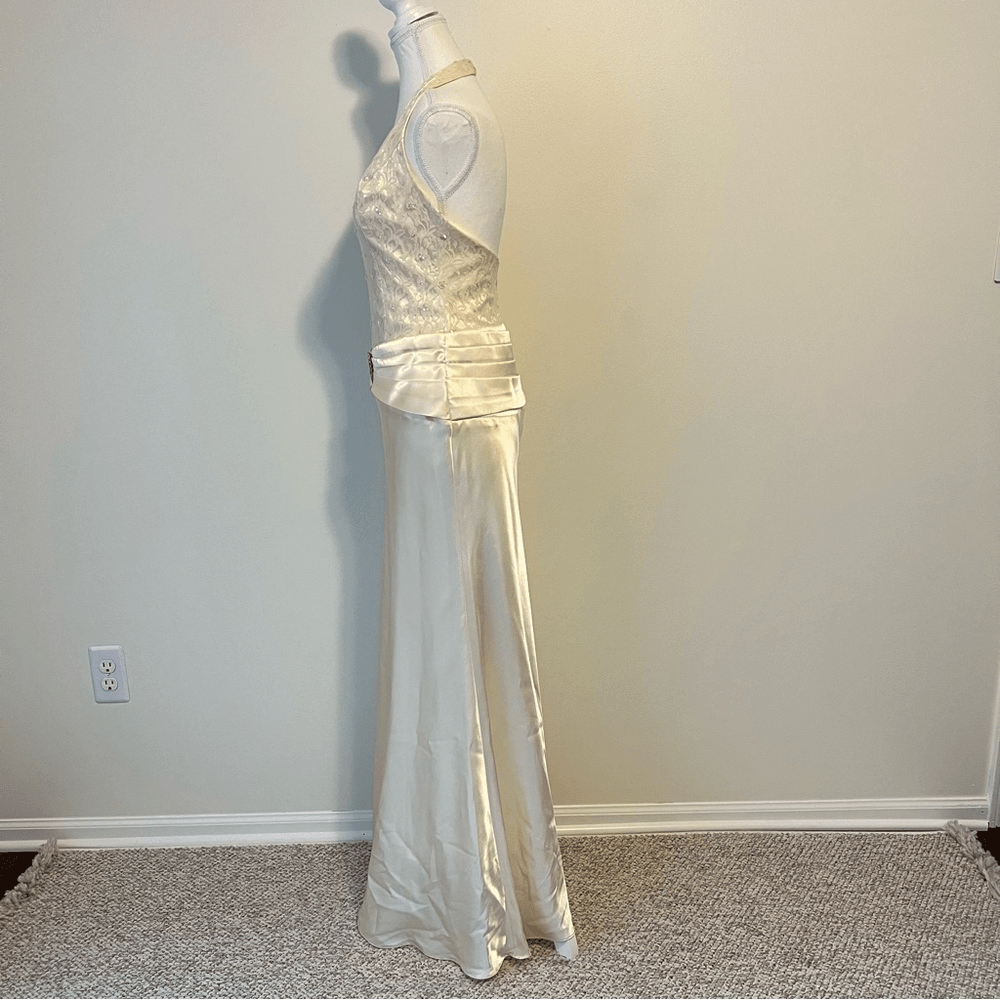 Vintage Butter Yellow Y2K Lace Satin Halter Maxi Dress Size 10
