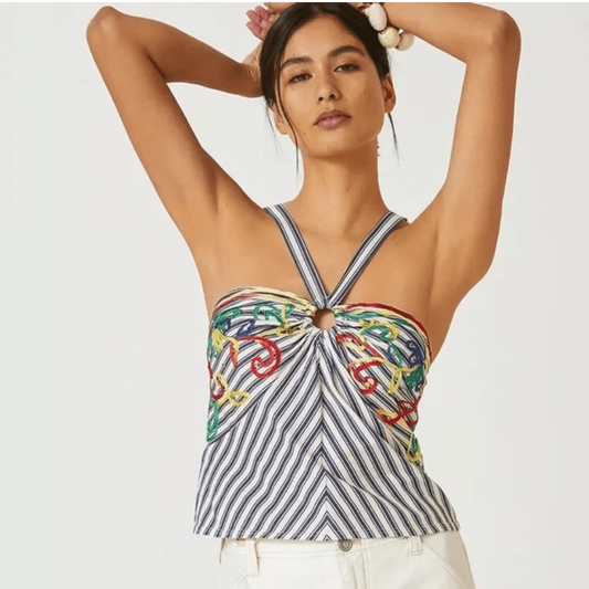 Anthropologie Tiny Avril Embroidered Striped Knit Halter Top Size Medium