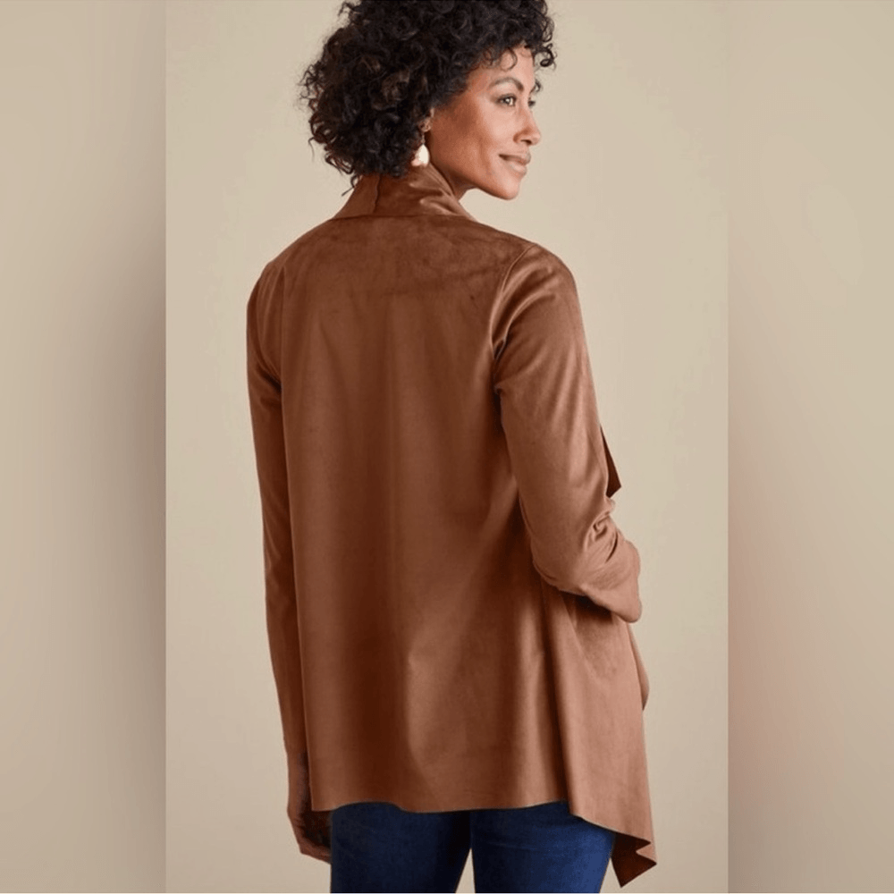 Soft Surroundings Shape Drape Faux Suede Brown Jacket Cardigan Size XS NWOT