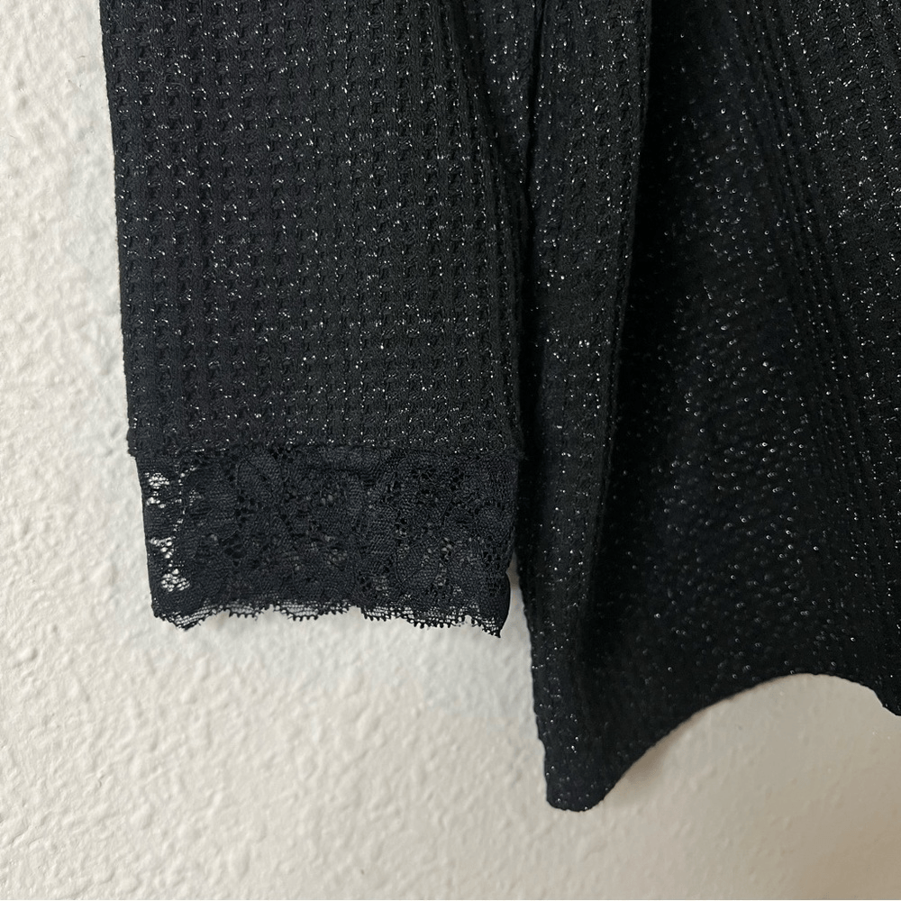 LOGO Lori Goldstein Black Metallic Waffle Knit Lace Top Pockets Stretchy Size 2X