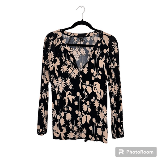 Ann Taylor Black Tan Floral Print Stretchy  Long Sleeve Blouse Top Size SP