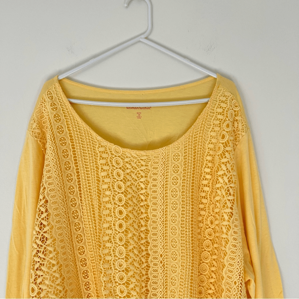 Woman Within Crochet Lace Long Sleeve Top in Yellow Size 3X Cotton