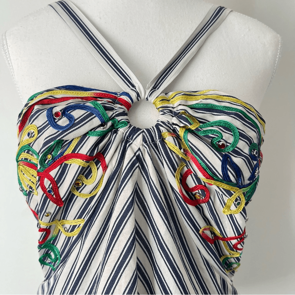Anthropologie Tiny Avril Embroidered Striped Knit Halter Top Size Medium