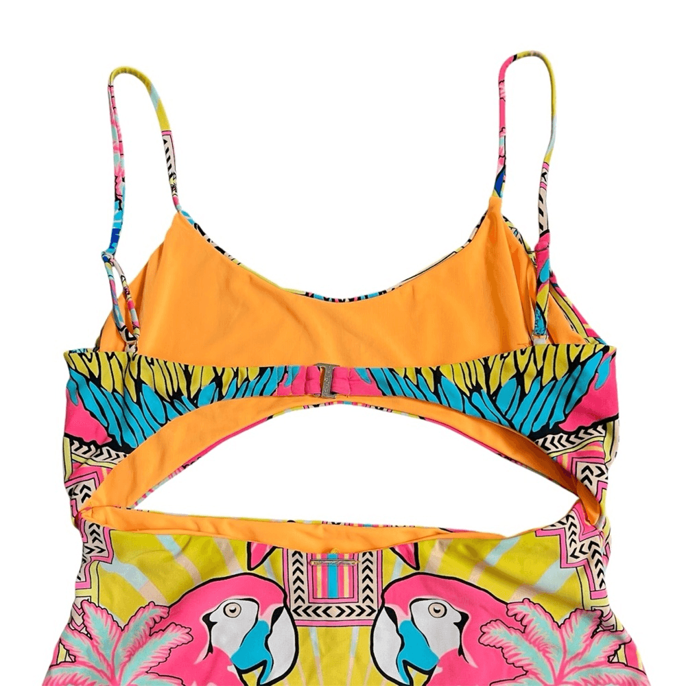 Mara Hoffman Parrot Tropical One Piece Swimsuit Size Large Cutout Pink Yellow