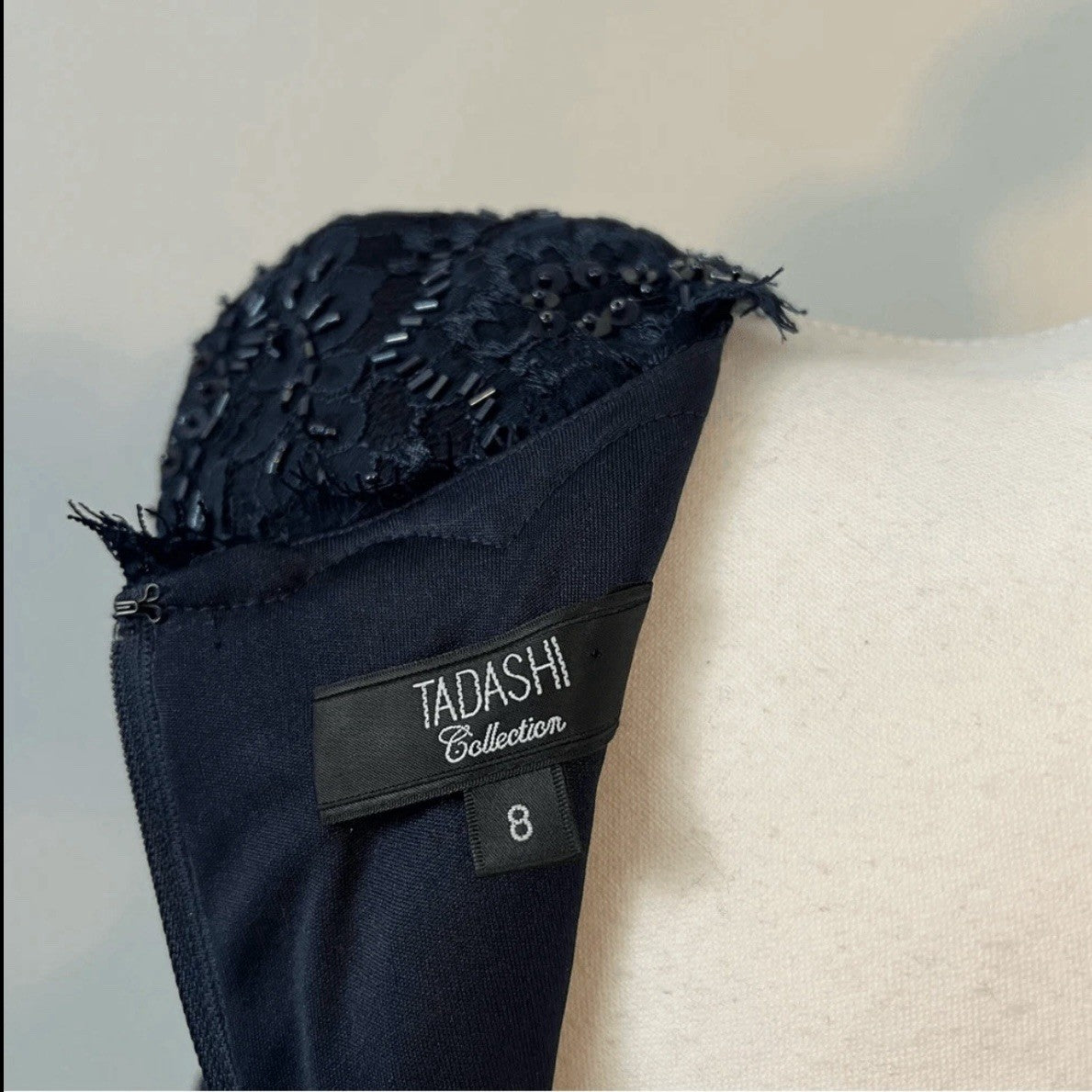 Tadashi Collection Sequin Beaded Navy Blue Top Blouse Size 8 Silk Embellishment