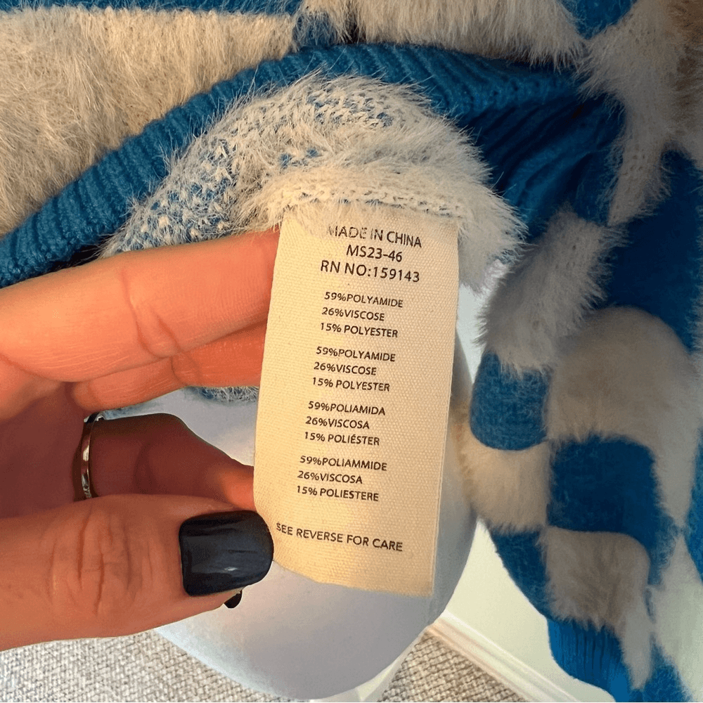 FRNCH Lio Cozy Fuzzy Sweater Blue White Abstract Colorblock Size Small