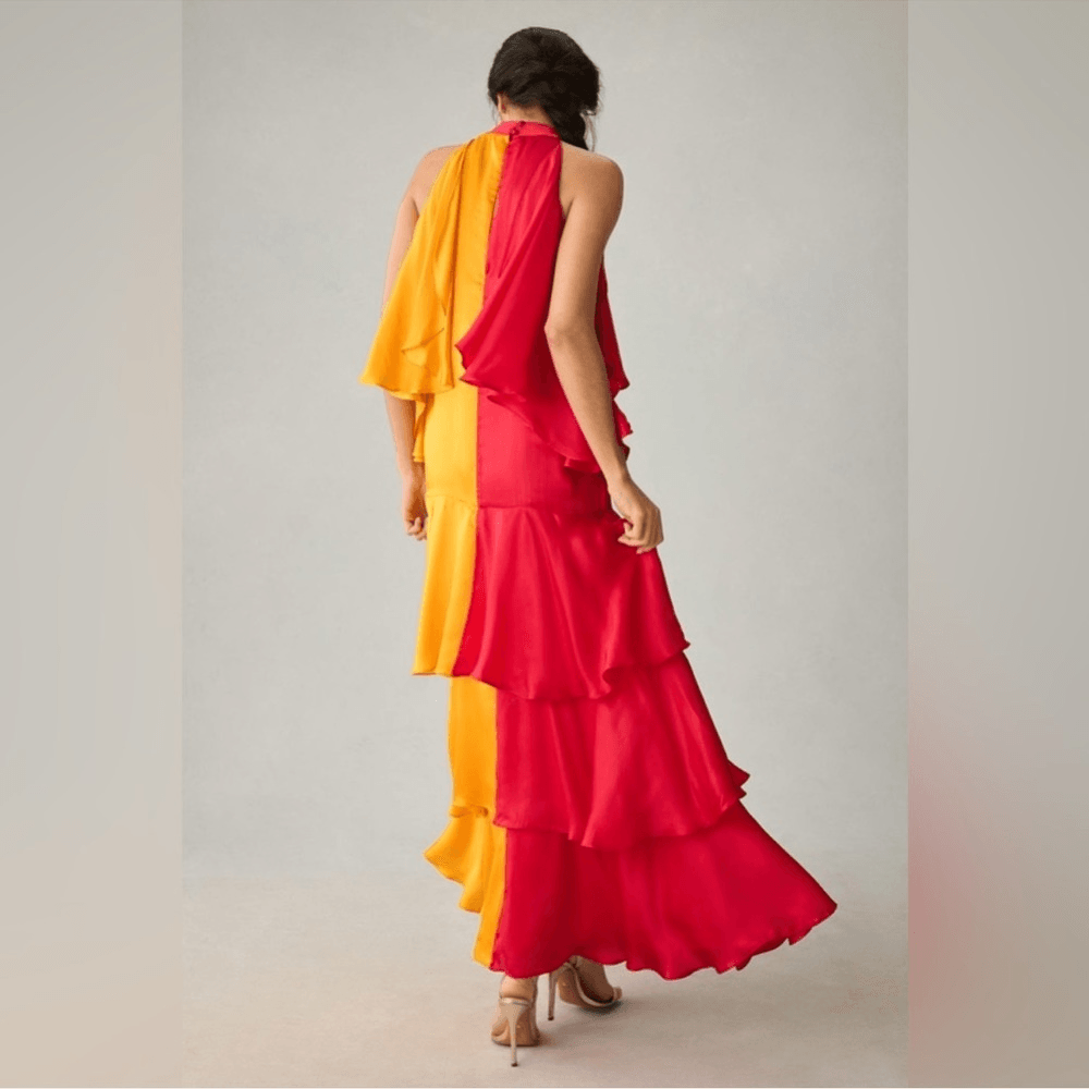 Anthropologie Pinnacle by Shruti Sancheti Mock-Neck Colorblock Ruffle Dress NEW