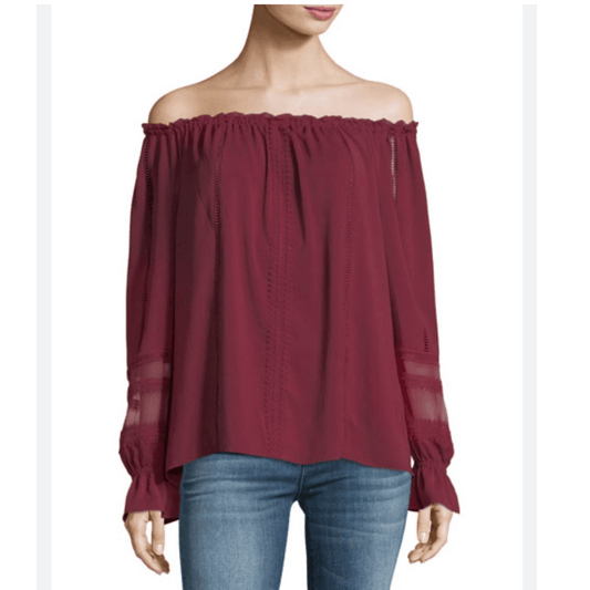 Ramy Brook Thea Off the Shoulder Long Sleeve Chiffon Blouse Top in Burgundy XS