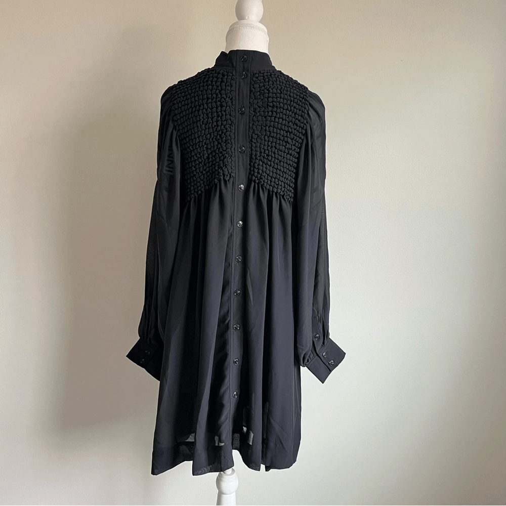 GANNI Smocked Bib Long Sleeve Chiffon Mini Dress NEW EU 42 (US 10/12)