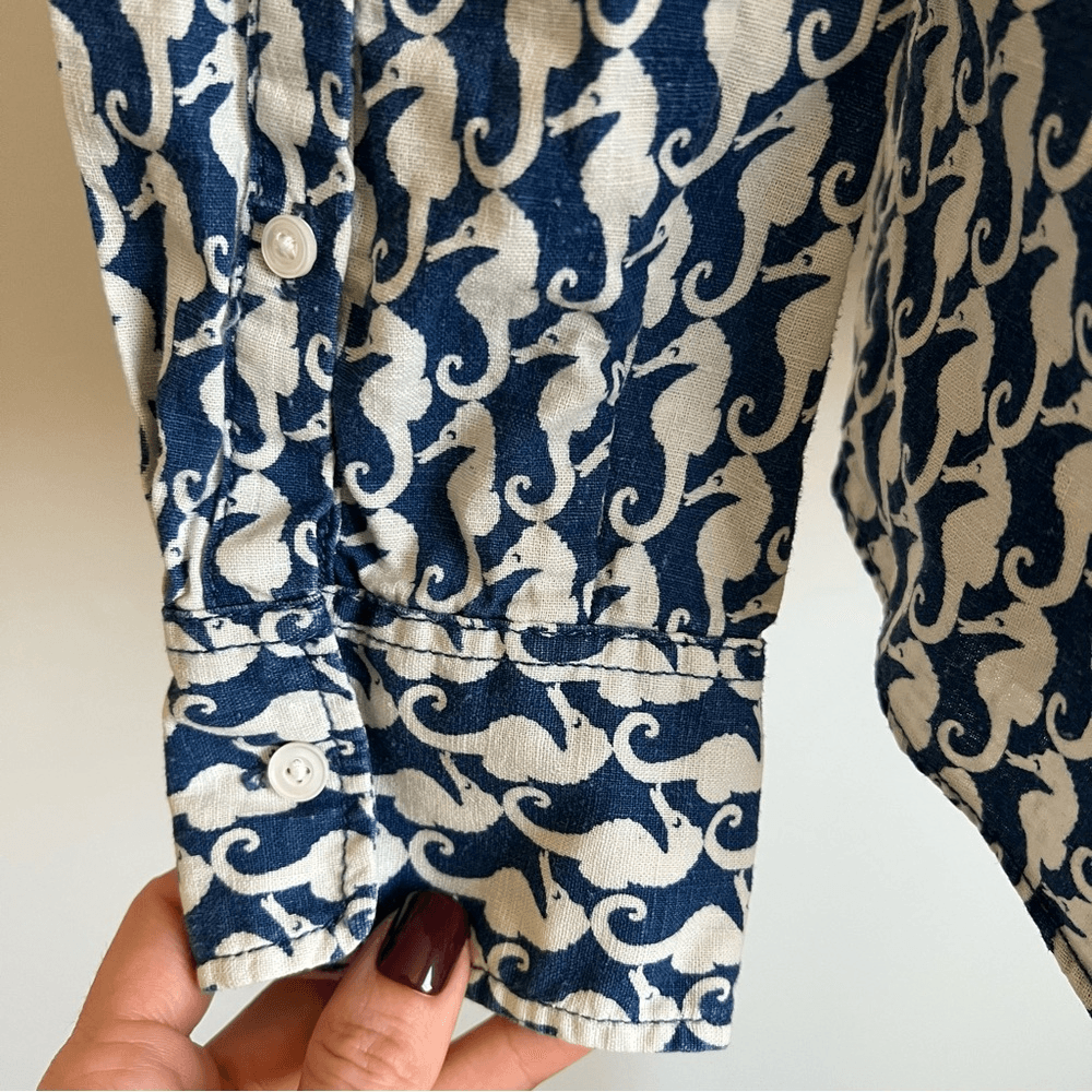 J. Crew Seahorse Linen Blend Button Down Boy Shirt Size 6 Nautical