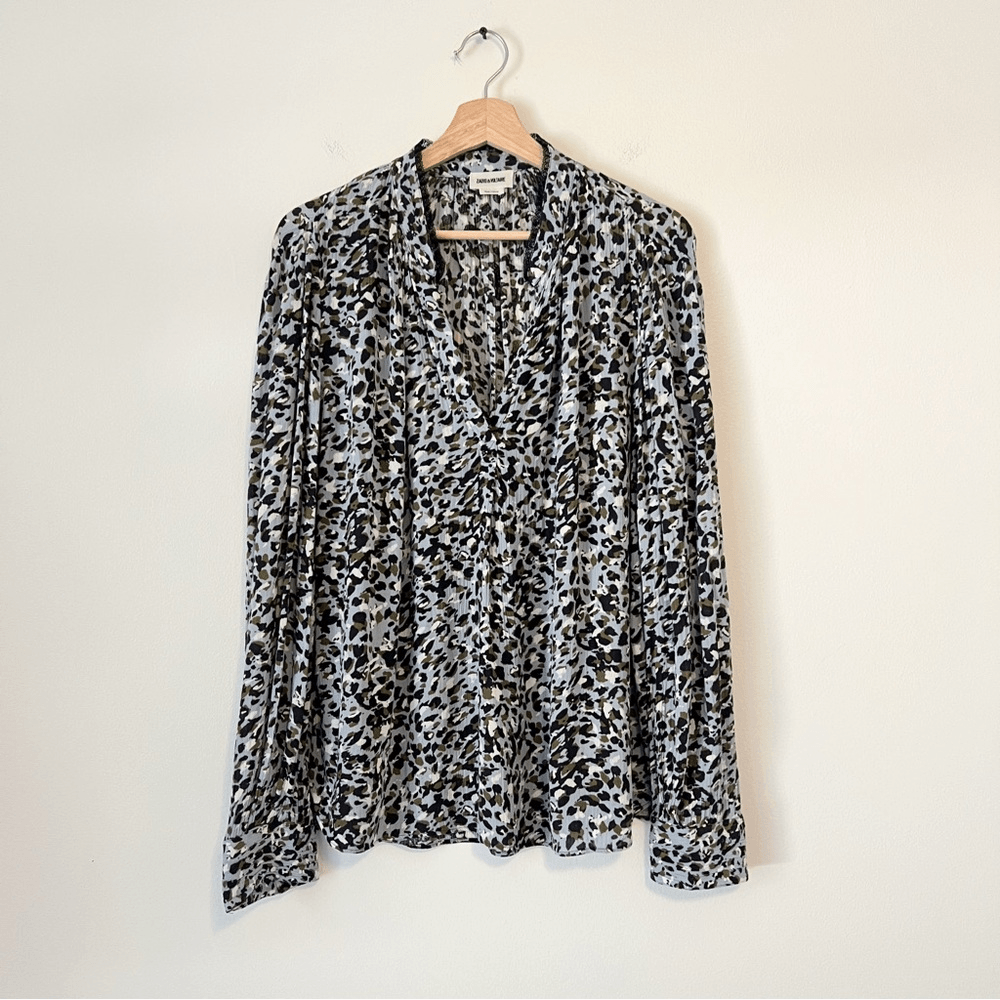 Zadig & Voltaire Tink Leo Crinkle Lace Collar Blouse Size Medium Long Sleeve