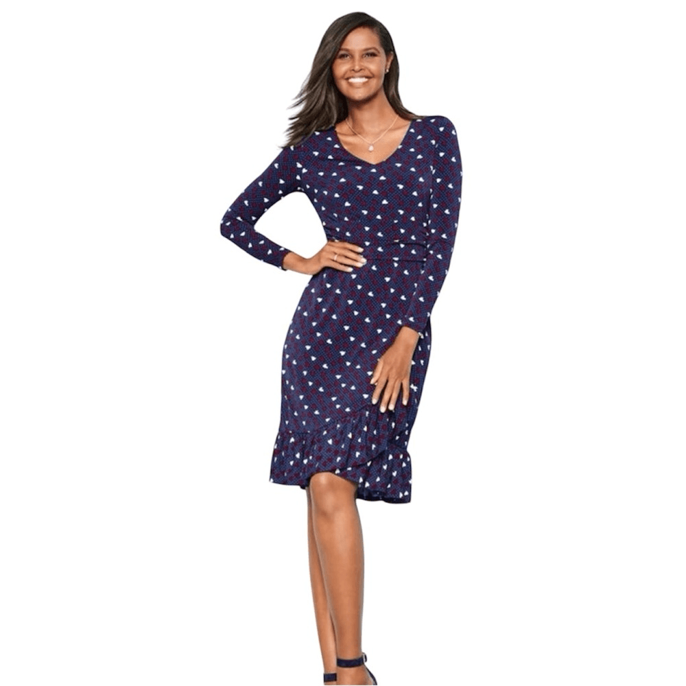 Talbots Heart Print A-Line Jersey Sheath Dress Long Sleeve Navy Blue Size 6