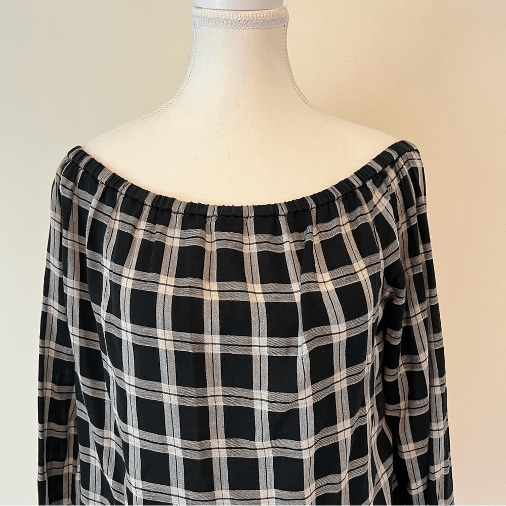 Rag & Bone Plaid Off Shoulder Top Blouse Size Small Black White